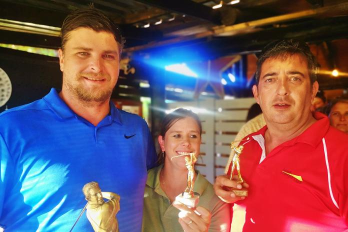 Weber de Klerk and Leanne Burger, (left and middle), winners of  the 2021 SCC Open Golf and newly elected Golf Captain, Rual Mostert.